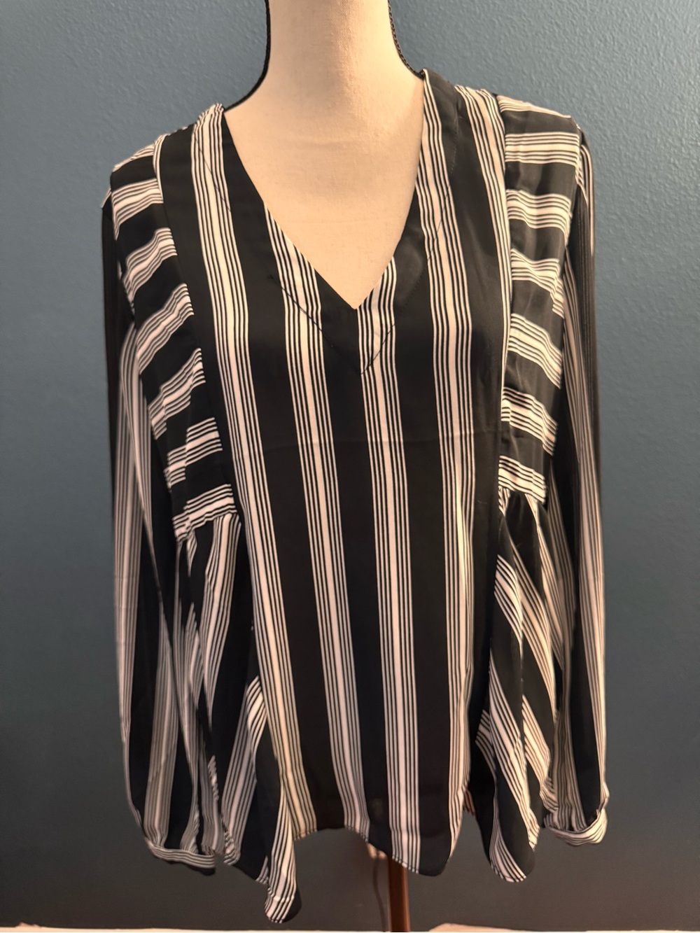 Striped V-Neck Long Sleeve Blouse - Black & White